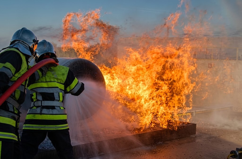 Pompiers attaquant un feu d'hydrocarbures lors d'un exercice